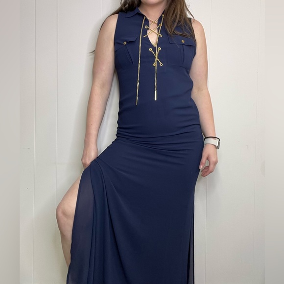 Micheal Kors Navy Sleeveless Maxi Dress With Chain Lace Up Neckline - Picture 7 of 16